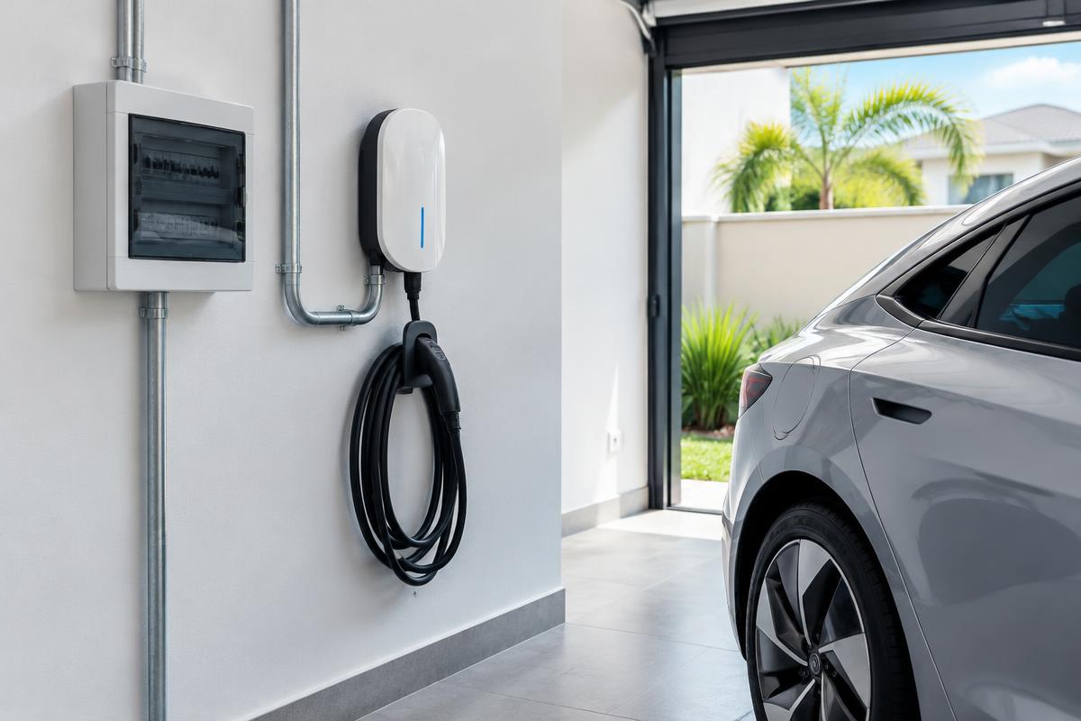 Exemplo ilustrativo de wallbox instalado em garagem com veículo elétrico